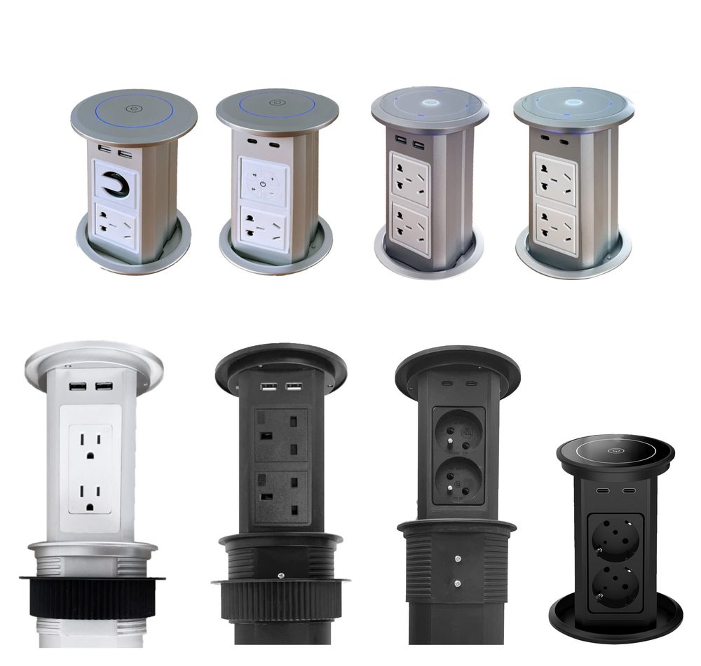 Smart motorized pop up socket family for conference table and kitchen island